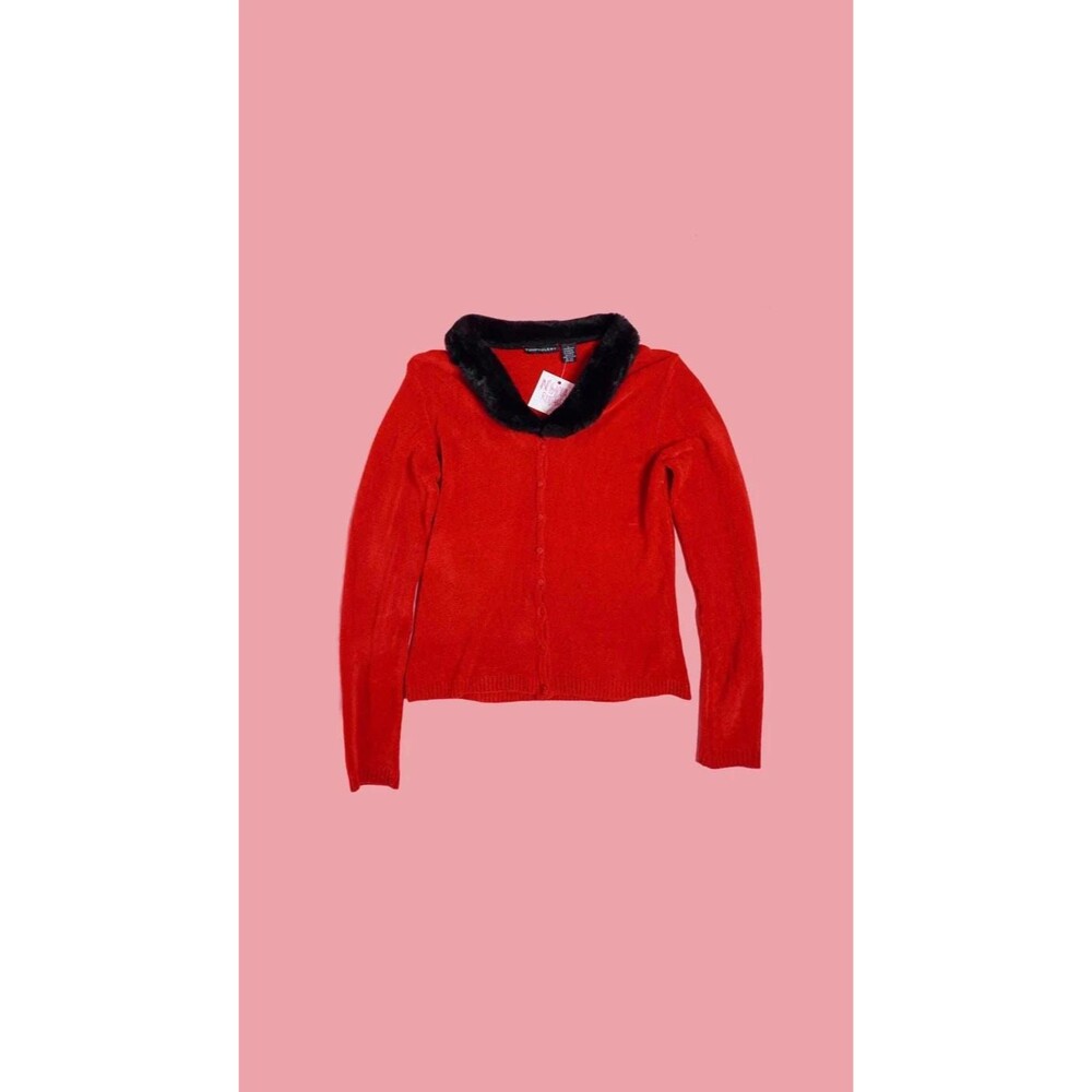 1990s-Y2K. TOMFOOLERY Red & Black CHENILLE CARDIGAN W/Faux Fur Collar. M-L